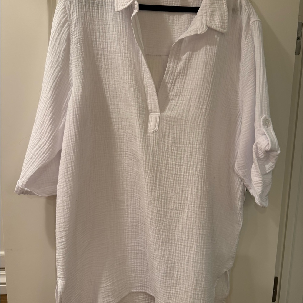 DKNY White Casual Button Down Swim Cover Up Shirt Lightweight Textured